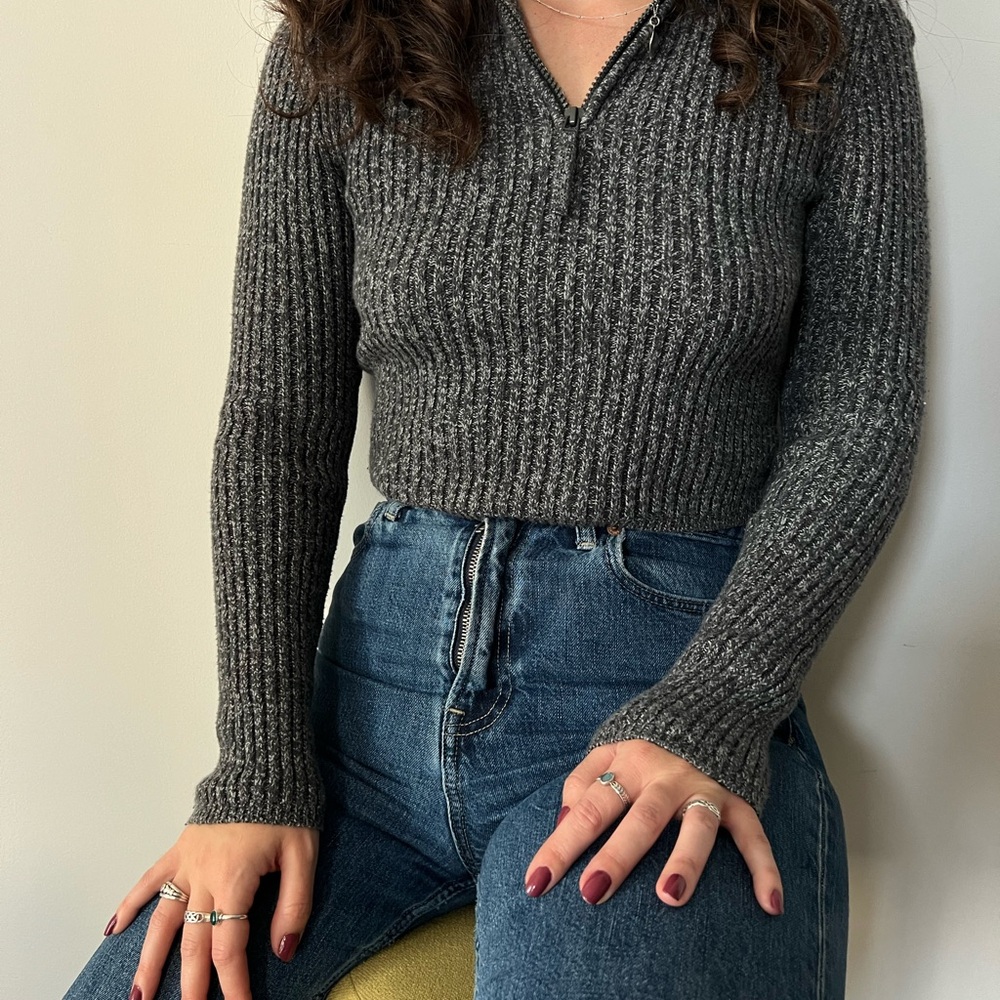 Aerie Dark Grey Half Zip Sweater Top